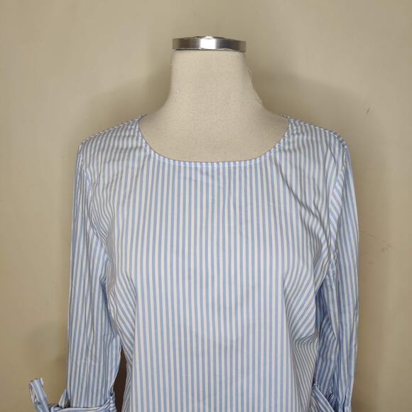 Worthington Blue Striped Top Flared Sleeve Lace Tie Cuff - Picture 2 of 9